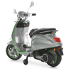 Трехчетвертной ракурс сзади серого скутера Vespa M 6288EL-11-5 с салатовым кантом
