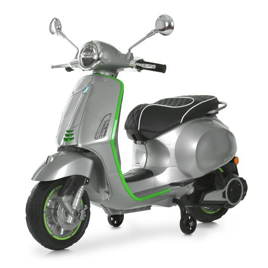 Серый детский электроскутер Vespa M 6288EL-11-5 с яркой салатовой отделкой