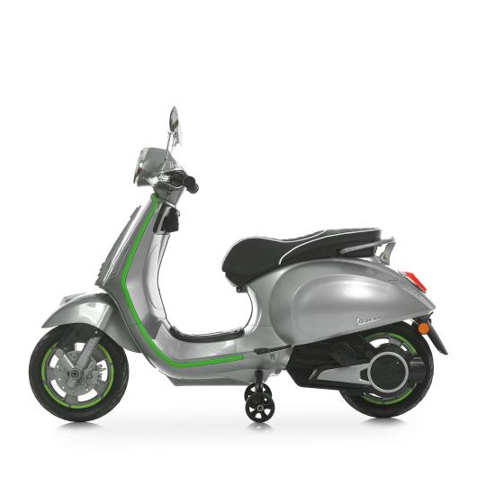 Серый электроскутер для детей Vespa, вид в профиль (сбоку)